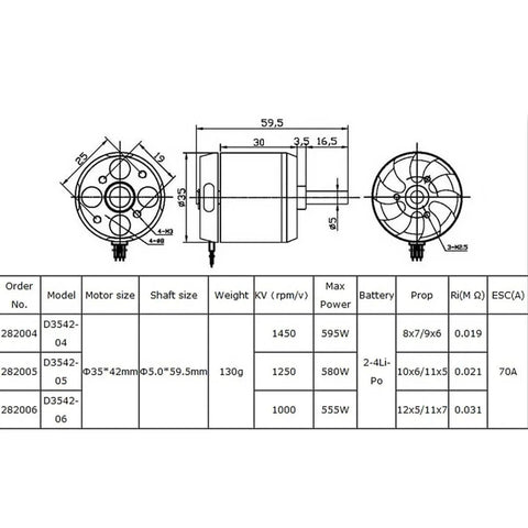 Technical drawing and specifications of D3542 Brushless Outrunner Motor 1000KV 1250KV 1450KV For 2S 4S LiPo RC Multicopters Fixed Wing UAVs