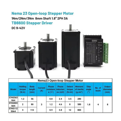 Nema23 Open-loop Stepper Motor with TB6600 Driver, 8mm Shaft, 1.8° step angle, for precise motion control applications.