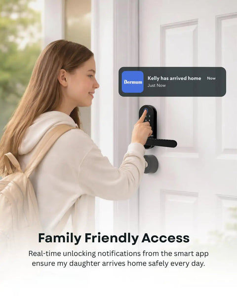 Woman using Fingerprint Smart Lock With Keypad And App Control Keyless Entry Biometric Deadbolt on white door.
