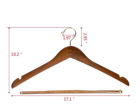 Premium Wooden Hangers Set Of Five Curved Shoulder Hangers With Gold Hooks And Locking Bar Heavy Duty Coat Hanger For Suits And Travel No Slip Pants Bar, shown with dimensions.