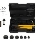 Heavy Duty Hydraulic Knockout Punch Kit With Six Die Set for half inch to two inch conduits, open black case showing components
