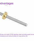 400mm Lead Screw Kit With Brass Nut For 3D Printer And CNC Machines, 8mm Diameter, 2mm Pitch, Stainless Steel, Fully Threaded Rod