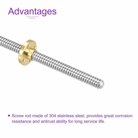 400mm Lead Screw Kit With Brass Nut For 3D Printer And CNC Machines, 8mm Diameter, 2mm Pitch, Stainless Steel, Fully Threaded Rod