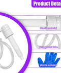 No Sweat Hand Pump For Standard Quart Bottles With Dual Suction Tubes And 28 Millimeter Caps showing plastic body, clear tube, and included gloves.