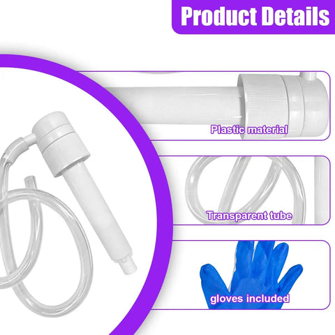 No Sweat Hand Pump For Standard Quart Bottles With Dual Suction Tubes And 28 Millimeter Caps showing plastic body, clear tube, and included gloves.