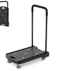 Heavy Duty Folding Hand Truck Workhorse With 330 Lbs Capacity 4 Wheel Dolly Cart For Home Office Shopping And Garage Hauling Compact Foldable Design With Sturdy Black Frame For Easy Storage, folded and open