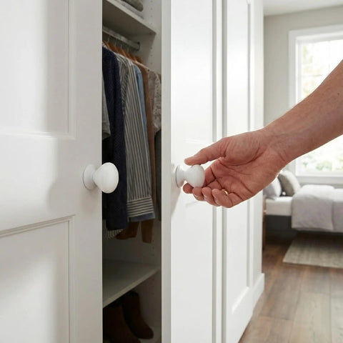Installing Two Pack XL White Bi Fold Closet Dummy Doorknobs With Wide Backplate on wardrobe door in bedroom