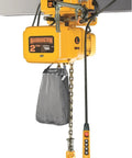 Heavy Duty Electric Chain Hoist With Traveling Trolley, 2000 Pound Load Rating, showcasing a motorized hoist with a gray bag and chain.