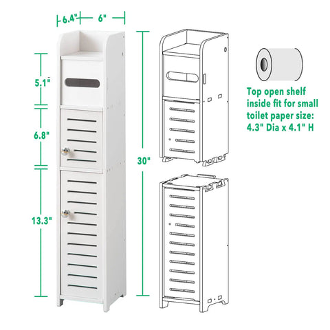 Slim Over Toilet Storage Cabinet For Small Bathrooms with adjustable shelves, dimensions labeled, holds 4-5 rolls of TP.