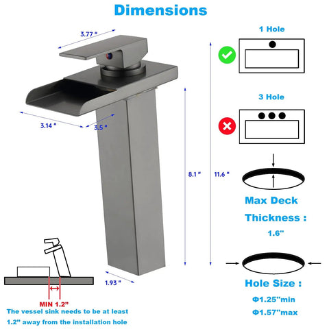Lit LED Waterfall Bathroom Faucet dimensions for vessel sink, oil-rubbed bronze, tall 1-hole single-handle brass tap with LEDs.