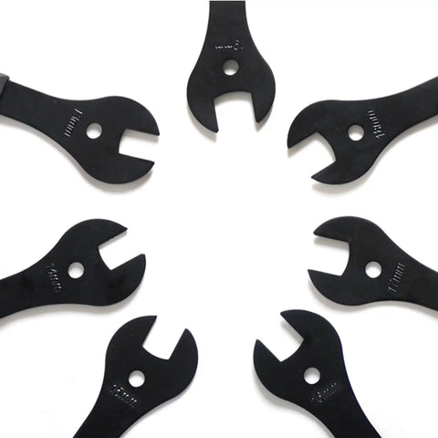Ultra Slim Bike Cone Wrench Set For Tight Hub Gaps Cone Spanner Tool Kit 7 Piece Bicycle Wheel Hub Repair Wrenches arranged in circle