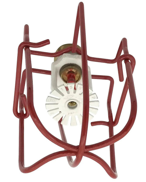 Red Metal Fire Sprinkler Head Guard Covers Tough As Nails Protection For Pendant Upright And Horizontal Heads 1/2 To 3/4 Inch Thread Pack Of Six Warehouse Impact Shields overview from top angle