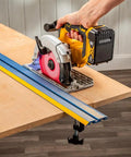 Low Profile Straight Edge Guide Rail Kit Extension Setup For Circular Saw Router And Jigsaw That Snaps Right On And Keeps Your Cuts Dead On Across Plywood And Solid Stock Wood in use with circular saw on plywood.