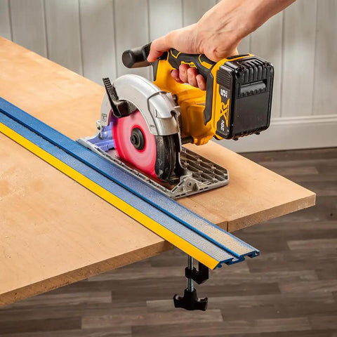 Low Profile Straight Edge Guide Rail Kit Extension Setup For Circular Saw Router And Jigsaw That Snaps Right On And Keeps Your Cuts Dead On Across Plywood And Solid Stock Wood in use with circular saw on plywood.