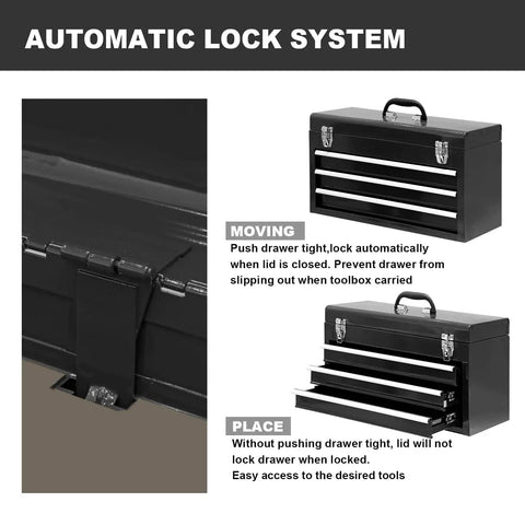 20 Inch Three Drawer Metal Tool Box Portable Steel Tool Chest With Durable Metal Latch Closure Black Powder Coat Finish
