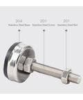 Close-up of Four Pack Adjustable Stainless Steel Furniture Feet With Universal M8 M10 M12 M14 Threads, rubber base and screw detail.