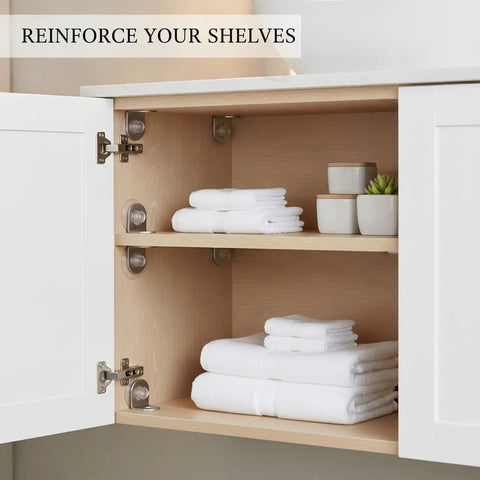 Heavy Duty Stainless Steel L Shaped Shelf Brackets Rock Solid Corner Support For Cabinets And Floating Shelves Home Reno Powerhouse Includes Mounting Screws Snag This Ten Pack Size 5.9 By 4.7 Inches securing towels in a cabinet.