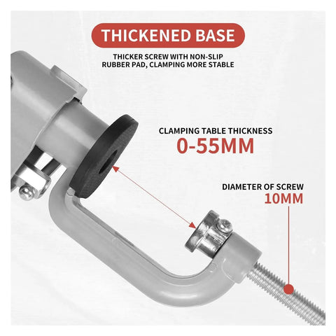 No Hassle 360 Degree Swivel Tool Holder Bracket And Table Vise Stand with thickened base for secure clamping, suitable for 0-55mm table thickness.