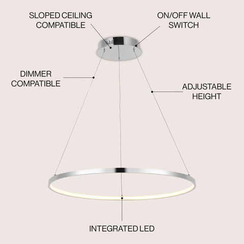 Round Hoop LED Pendant Light With Integrated Dimmable LEDs, Adjustable Height, Modern Chrome Finish, No Fuss For Kitchen Island Or Dining Room