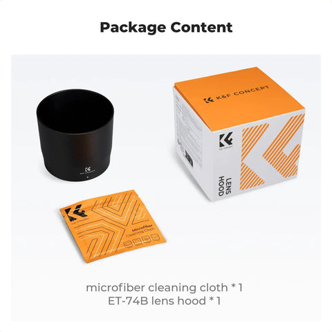 Package contents of 67mm Lens Hood Replacement for Canon RF 100-400mm f5.6-8 IS USM and EF 70-300mm f4-5.6 IS II USM, microfiber cloth
