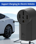 Heavy Duty Nema 14-50r Receptacle 50amp 125/250v 3 Pole 4 Wire Surface Mount Outlet UL Listed For Ev Chargers Rv Hookups Galvanized Steel No Sweat Install Badass Reliability Indoor Black, close-up with EV connected.