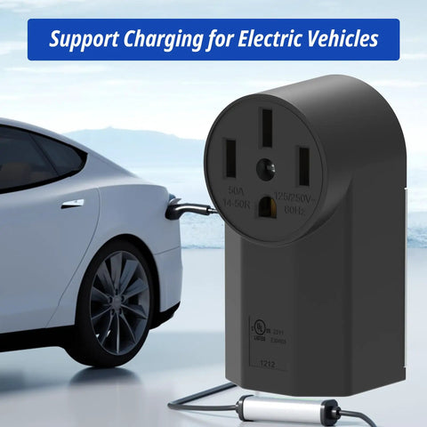 Heavy Duty Nema 14-50r Receptacle 50amp 125/250v 3 Pole 4 Wire Surface Mount Outlet UL Listed For Ev Chargers Rv Hookups Galvanized Steel No Sweat Install Badass Reliability Indoor Black, close-up with EV connected.