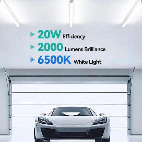 Bright 4Ft LED Shop Lights 2 Pack With 2000 Lumen Output And 6500K Daylight White in a garage setting