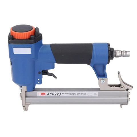 Badass Pneumatic Brad Nailer With High Capacity Mag For Woodworking Creations, lightweight blue aluminum alloy tool for fast nail driving.