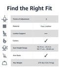 Feature chart for Puresoft PU Padded Mid Back Office Chair with adjustable height, faux leather, casters, and 275 lb capacity.