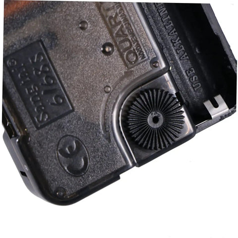 Close-up of a black quartz mechanism from Beefed Up Torque Clock Movement Kit Replacement for Wall Clocks Non Ticking Electric Mechanism
