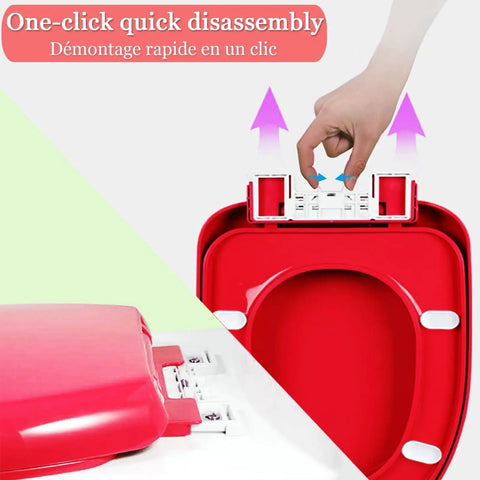 Heavy Duty Square Toilet Seat With Smooth Soft Close Lid And Quick Release Hinges For No Sweat Cleanup In Sturdy White Plastic For Universal Home Bathroom Setup, showing quick disassembly feature.