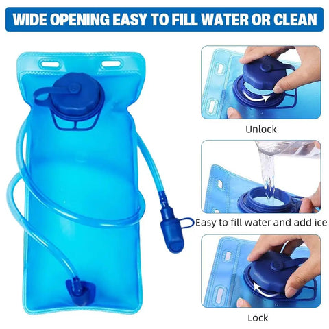 Close-up of blue water reservoir with wide opening for 5L Quick Dry Nylon Mesh Hydration Backpack With Multi Pocket Design.