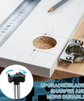 Tough As Nails 35mm Concealed Door Hinge Jig Drill Guide Template With Bulletproof Locking Clip, showing drilled wood hole.