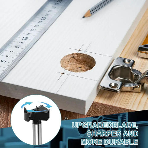 Tough As Nails 35mm Concealed Door Hinge Jig Drill Guide Template With Bulletproof Locking Clip, showing drilled wood hole.
