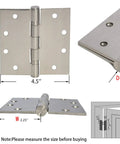 Image of Six Pack 4.5 Inch By 4.5 Inch Heavy Duty Stainless Steel Door Hinges with ball bearing, square corner, dimensional details.