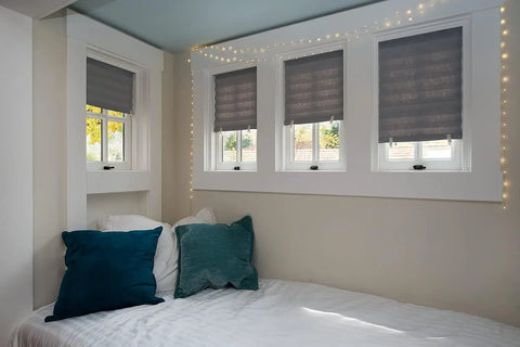Cordless Room Darkening Pleated Paper Shade Gray 36x72 Inches Pack Of 6 installed in cozy sunlit bedroom