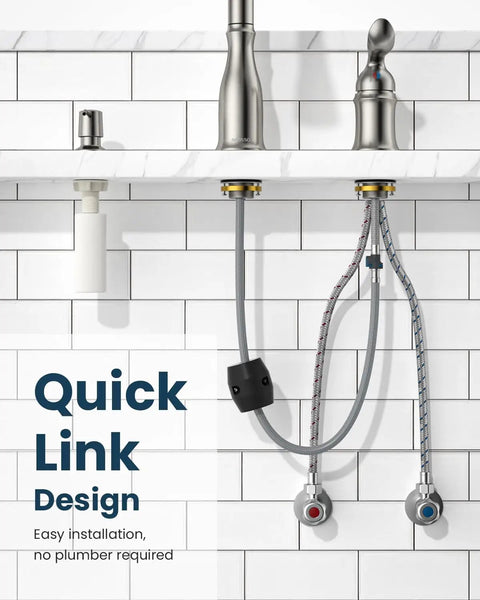Installation view of Three Hole Pull Down Kitchen Faucet With Sprayer In Brushed Nickel Stainless Steel Finish highlighting quick link design.