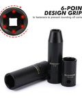 One Half Inch Drive Impact Socket Master Set With Seventy Pieces Includes SAE And Metric Sockets From Five Sixteenth To One And One Quarter Inch Shallow And Deep Sockets Ratchet Handle Extension Bar And Adapters Chrome Vanadium With Black Phosphate Finish showing 6-point design grips detail.