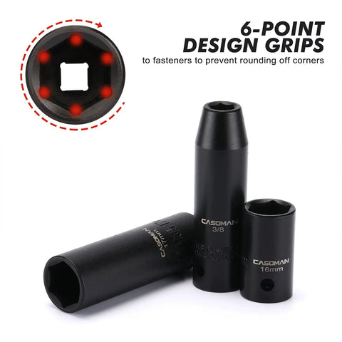 One Half Inch Drive Impact Socket Master Set With Seventy Pieces Includes SAE And Metric Sockets From Five Sixteenth To One And One Quarter Inch Shallow And Deep Sockets Ratchet Handle Extension Bar And Adapters Chrome Vanadium With Black Phosphate Finish showing 6-point design grips detail.