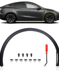 Tesla Model Y Passenger Side Front Fender Trim And Front Right Wheel Arch Fender Flare Molding For 2020 2021 2022 2023 2024 Durable Injection Molded Exterior Trim shown with installation kit and car profile