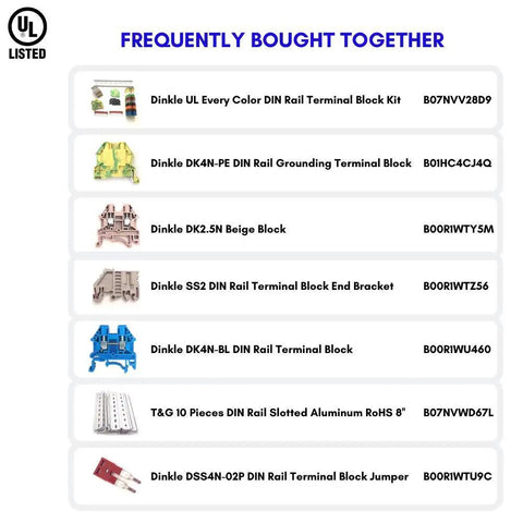 Frequently bought DIN rail components list with product names and codes, including T&G 10 Pieces DIN Rail Slotted Aluminum RoHS 8''.
