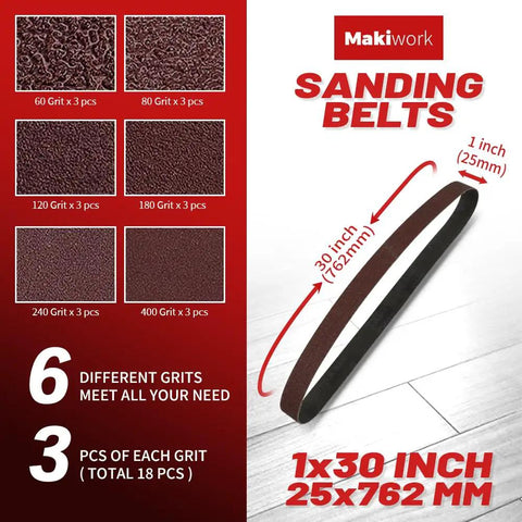54 Piece Sanding Belts And Discs Combo Kit For 1x30 Belt Sander showing 1x30 inch sanding belt and assorted grits.