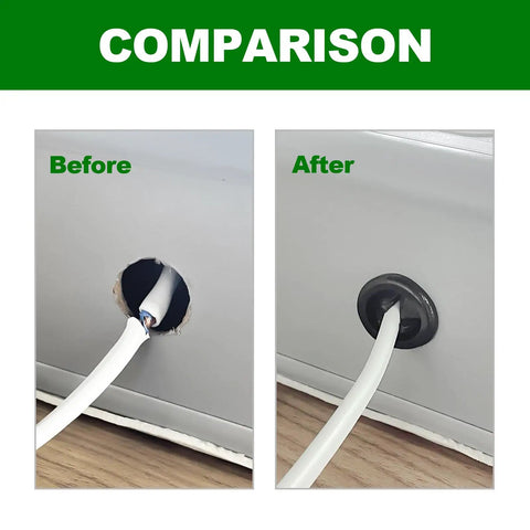 Before and after comparison of hole with cable using 58 Piece Rubber Grommet Kit For Wiring And Auto Use, Six Sizes.