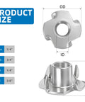 Heavy Hitting 1/4-20 T Nuts Twenty Five Pack, Top Notch 304 Stainless Steel tee fastener size dimensions with labels.