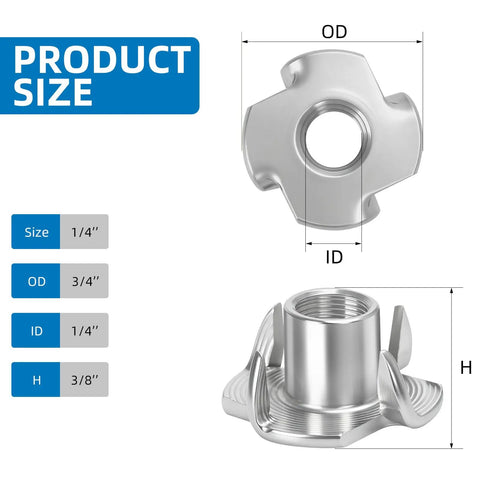 Heavy Hitting 1/4-20 T Nuts Twenty Five Pack, Top Notch 304 Stainless Steel tee fastener size dimensions with labels.