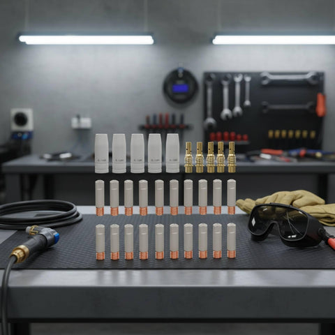 15AK MIG Torch Consumable Kit For Welder High Temperature Resistant Tips And Nozzles Set With Guarding Coating in workshop setup