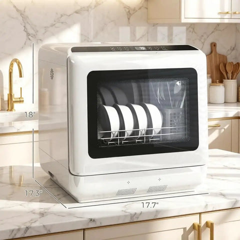 Snappy Portable Countertop Dishwasher With Built In One Point Six Gallon Tank For No Sweat Cleaning Top Shelf Results And Quick Faucet Hookup Without Messy Drain Lines, 18" tall on kitchen counter.
