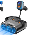 Bulletproof Car Cigarette Lighter Splitter Adapter With Triple 12V Sockets And Six Usb Ports, featuring blue LED voltmeter and durable design.