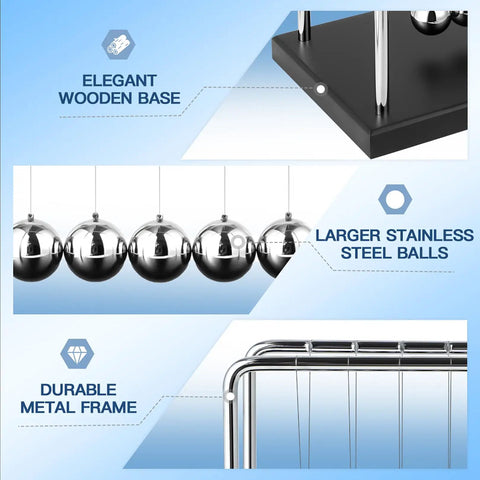 Close-up of Large Newtons Cradle Pendulum Desk Toy With 5 Beads Perpetual Motion Balance Balls Black Wooden Base and metal frame