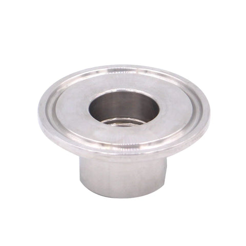 Close-up of a 1.5-inch sanitary tri-clamp to 1/2-inch NPT female adapter in stainless steel